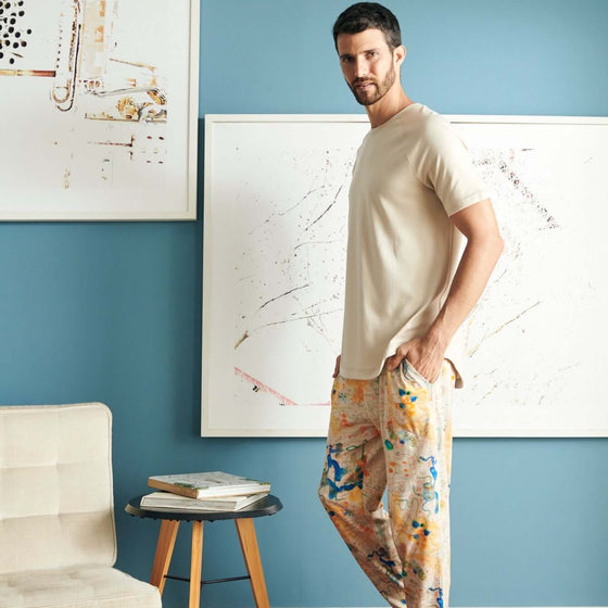 Sunny Paracas pima cotton sleep joggers, printed sleepwear, men's pajamas, pima cotton sleepwear, modern pajamas, printed sleep joggers, Peruvian Pima Cotton, eco friendly, luxury men's pajamas, 100% Pima Cotton